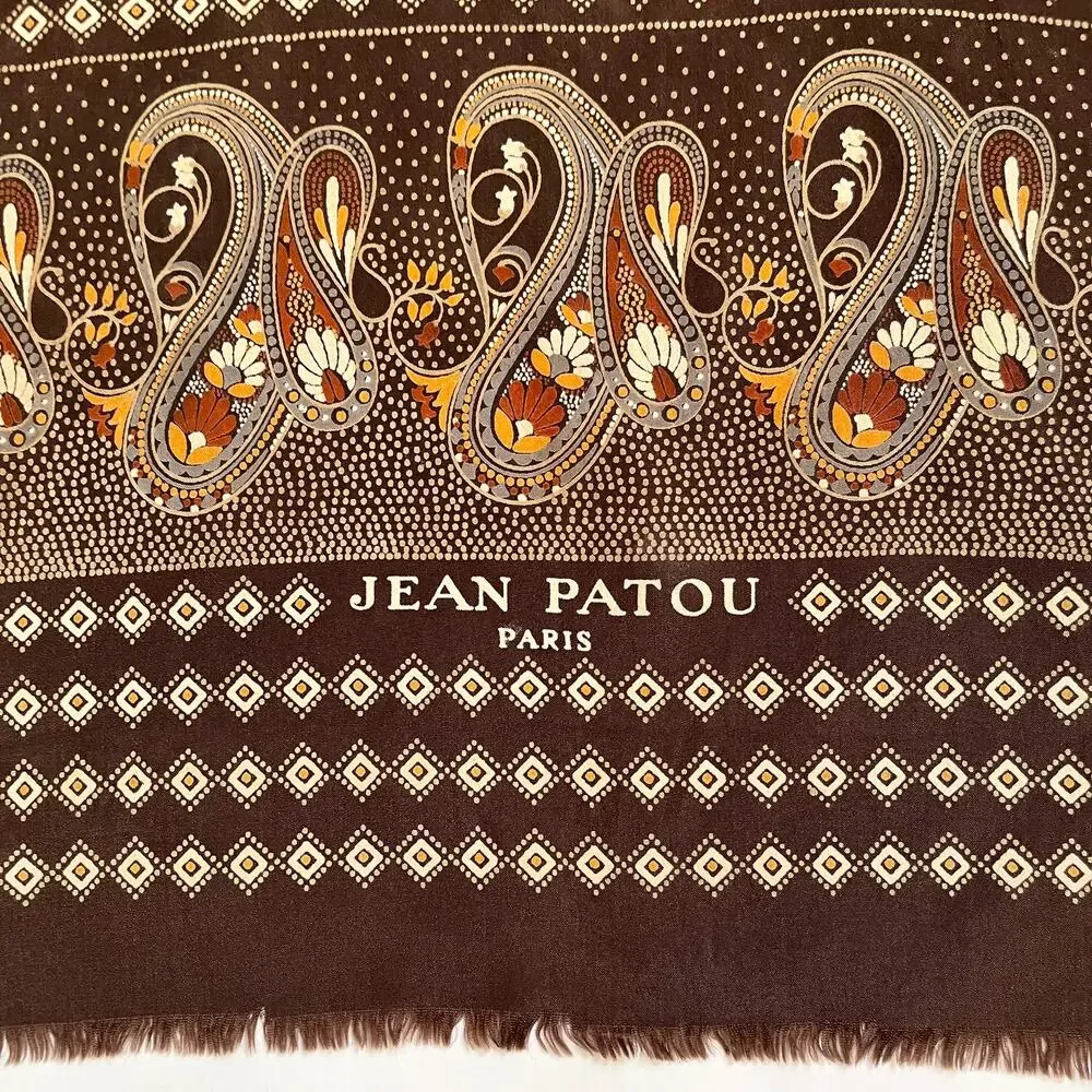 Jean Patou Paris Vintage Earth-Tone Paisley Long Rectangle Fringe Silk Scarf